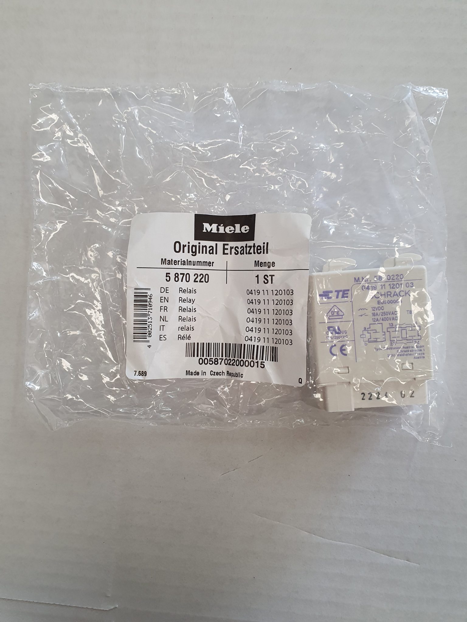 05870220 Genuine Miele Heater Relay Electrical Supplies Australia